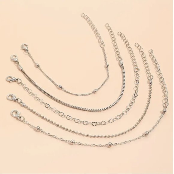 5pc Silver Tone Bracelet Set Jewelry Gift Beaded Hearts Chains - Picture 4 of 7